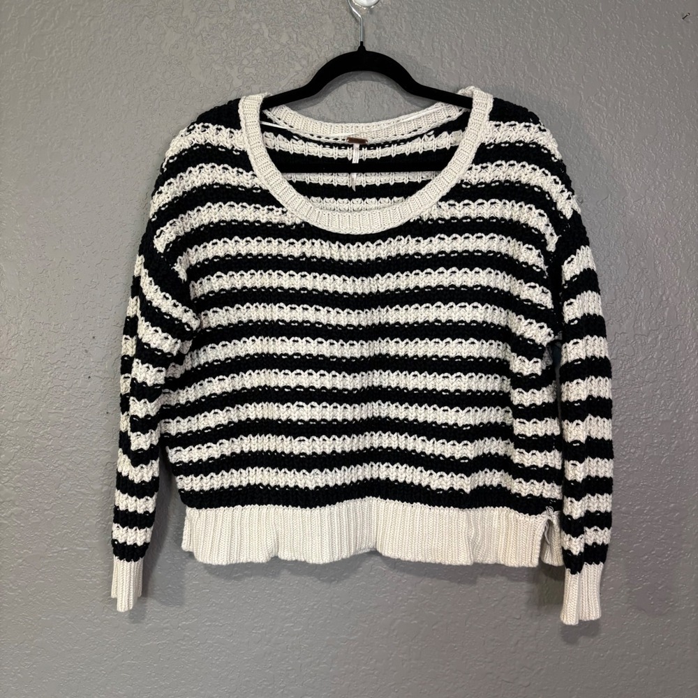 Free People Black White Striped Chunky Knit Scoop Neck Sweater Small